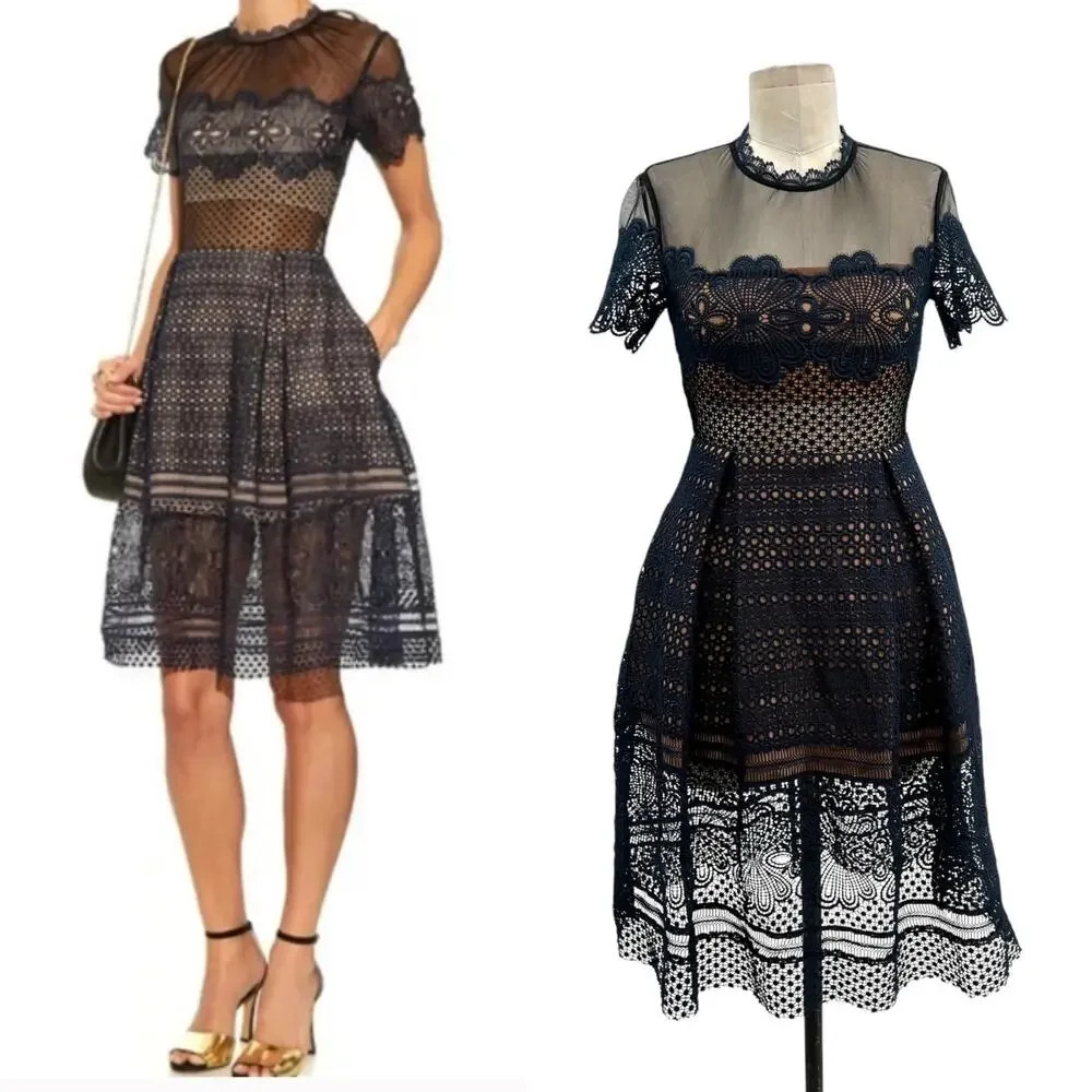 Self-Portrait Felicia Embroidered Midi Dress Navy Blue Sheer Size US‎ 2